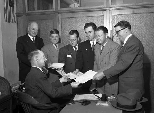 Nixon (third from right) files to run for the U.S. House of Representatives in 1949. Courtesy of the Los Angeles Times Photographic Archive, Department of Special Collections, Charles E. Young Research Library, UCLA.