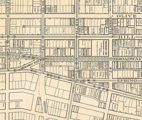 Broadway Place appears on the left side of this detail of a 1931 map. Courtesy of the Map Collection - Los Angeles Public Library.