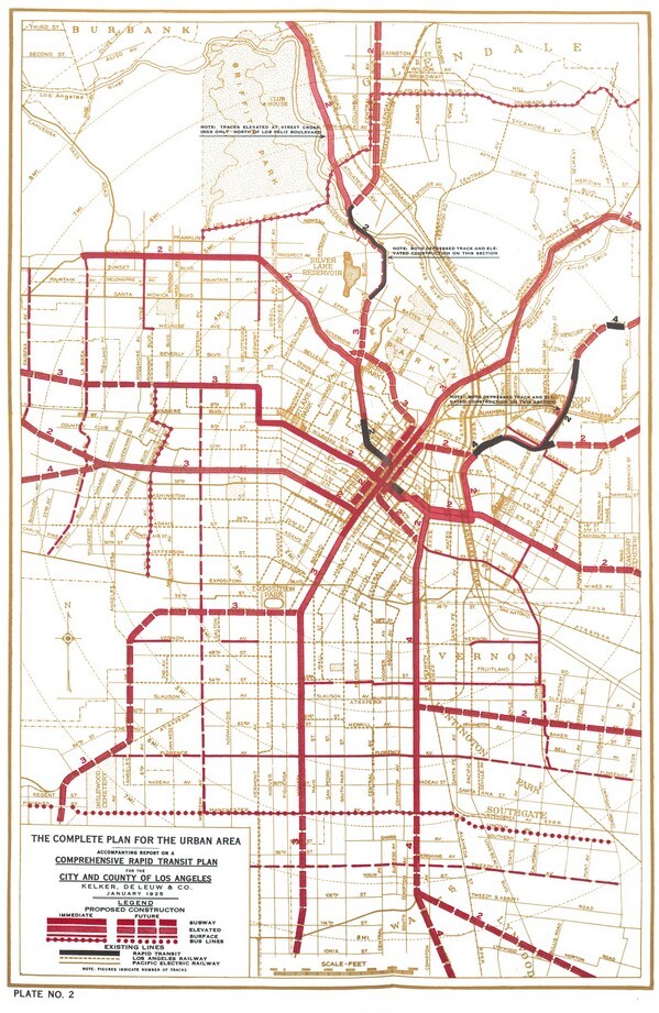 Many of the Pacific Electric rail lines would have been converted into subways or elevated lines. Courtesy of the Metro Transportation Library and Archive.