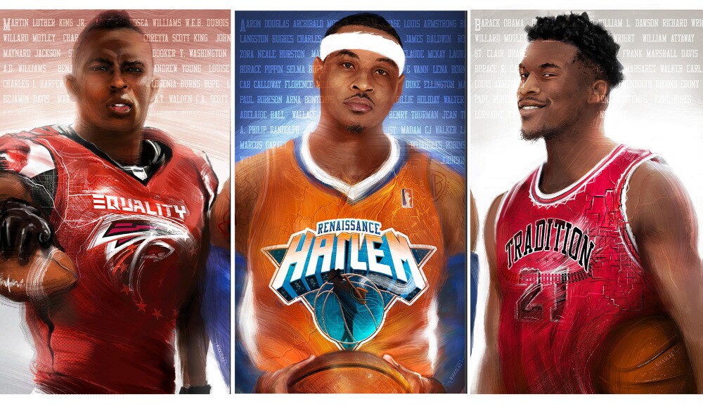 This triptych by Nikkolas Smith showcases athletes Julio Jones, Carmelo Anthony and Jimmy Butler.