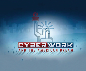 Blue square logo of CyberWork and the American Dream.