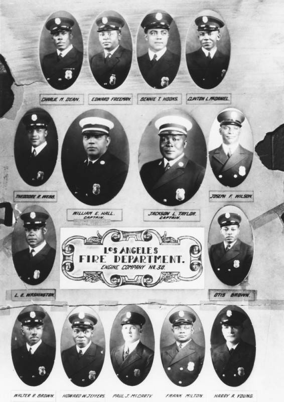 A composite photo of portraits of firefighters labelled with their names with the name of their department in the middle of the image