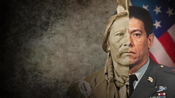 A split portrait of two Native Americans who served in the U.S. military. | From "The Warrior Tradition"