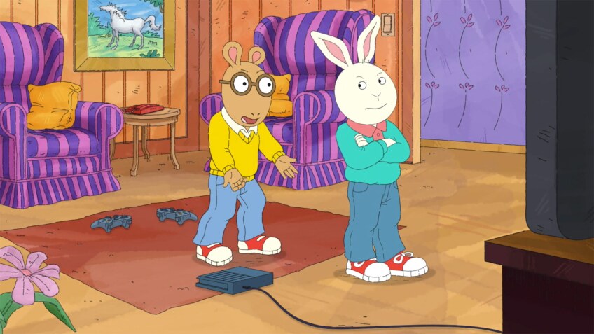 Cartoon aardvark and rabbit stand together angrily as the rabbit crosses his arms.