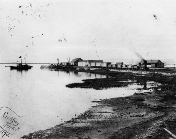 Phineas Banning's wharf at Wilmington, the southern end of the line for the Los Angeles & San Pedro. Courtesy of the Photo Collection, Los Angeles Public Library.