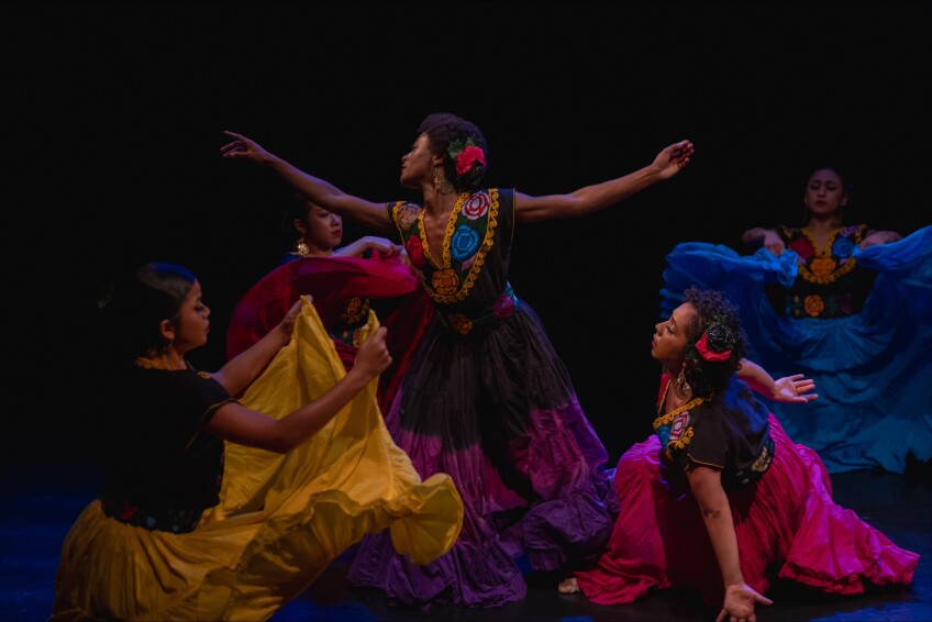 Professor Martha L.Z. Pamintuan leads choreography with Long Beach City College dance ensemble. Photo courtesy of The Music Center.