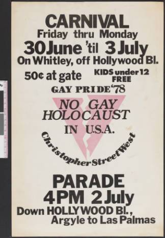 Gay pride '78 : no gay holocaust in U.S.A, poster. | Christopher Street West/Los Angeles, ONE National Gay and Lesbian Archives, USC Libraries