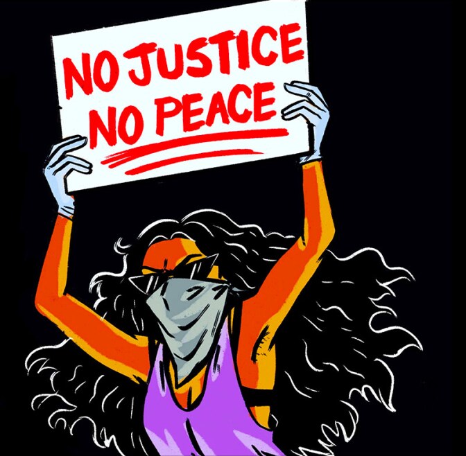 Sakari Singh, portrait created while watching protests at the 3rd precinct police station in Minneapolis, 2020.