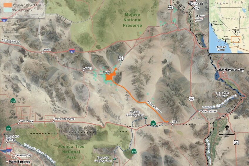 A Cadiz Inc. map showing their proposed pipeline from Cadiz to Rice along a railroad right-of-way.