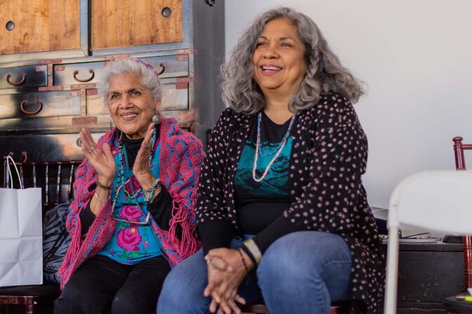 Ofelia Esparza (L) and her daughter Rosanna Esparza Ahrens (R) speak on the topic of art and social change at a Traditional Arts Roundtable Series event called “Theories of Change and Transformative Cultural Practice” | Timo Saarelma, courtesy of ACTA