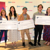 First Entertainment Credit Union joins FINE CUT winners Mia Hagerty, John Angela Serrano and Sam Markson as they accept their award checks at PBS SoCal’s FINE CUT Festival of Films at The Eagle Theatre at Vidiots on September 22, 2026. Photo courtesy of PBS SoCal