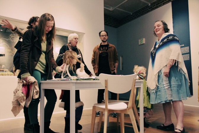 Frau Fiber’s lookbook table. Social Fabric exhibition | Craft and Folk Art Museum, 2013