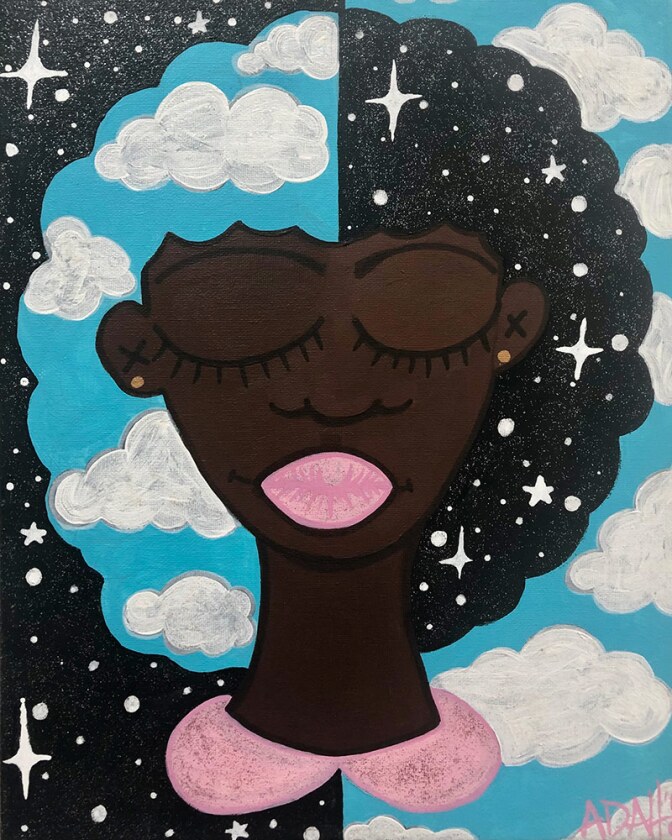An artwork by Adah Glenn featuring a Black female figure among the clouds. | Courtesy of Adah Glenn
