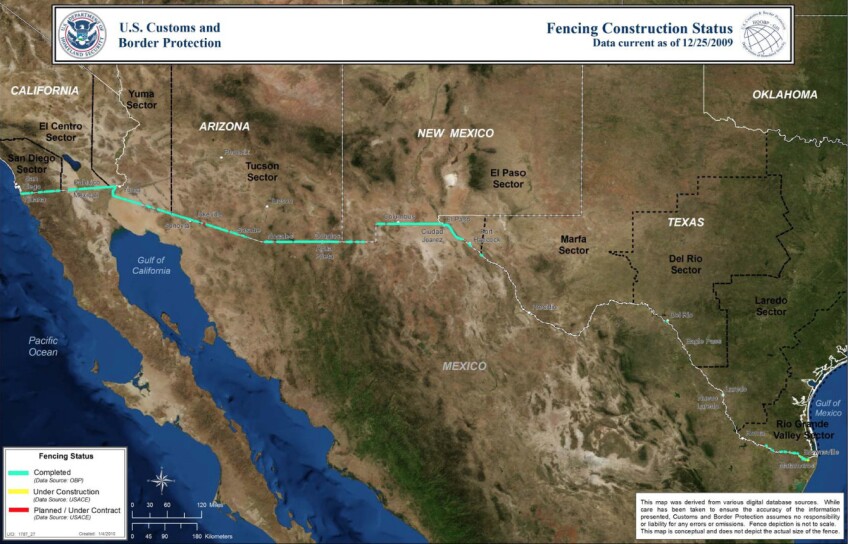 U.S. Customs and Border Protection is not releasing current maps of border barriers. This map is from 2009 when the existing fence was nearly complete.