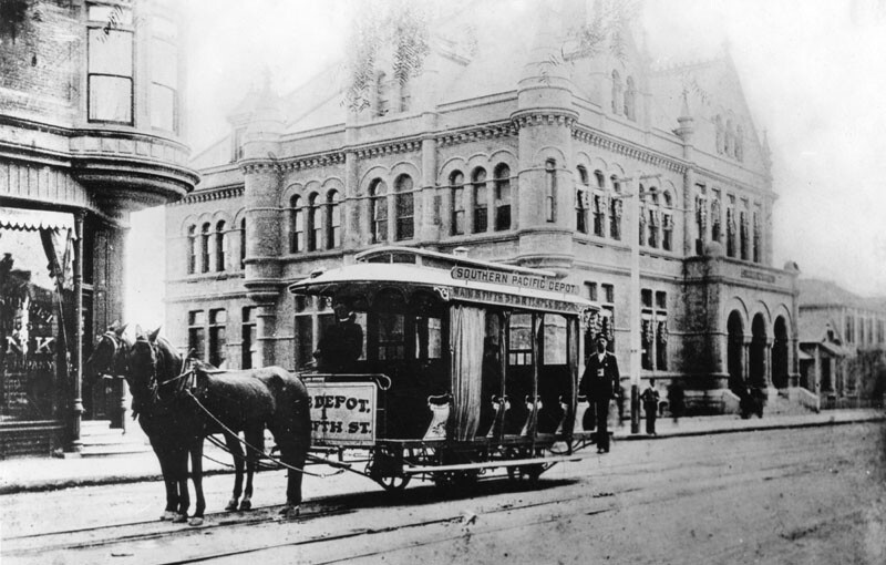 A horse-drawn streetcar in front of the Los Angeles post office on Main Street, circa 1892. Courtesy of the Security Pacific National Bank Collection, Los Angeles Public Library.