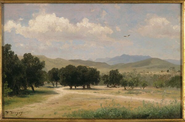 Circa 1870 landscape painting by Hermann Herzog of oak trees in a valley near Los Angeles. Courtesy of the Robert B. Honeyman, Jr. Collection of Early Californian and Western American Pictorial Material, Bancroft Library, UC Berkeley.