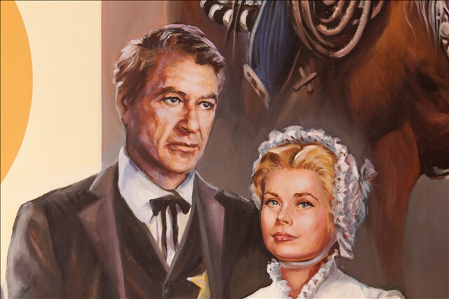 A painting of a white man with gray hair stands on the left of a close-up of the "Spirits of the West" mural at the Autry Museum of the American West. To his right is a white woman wearing an 1800s-style bonnet over her head.