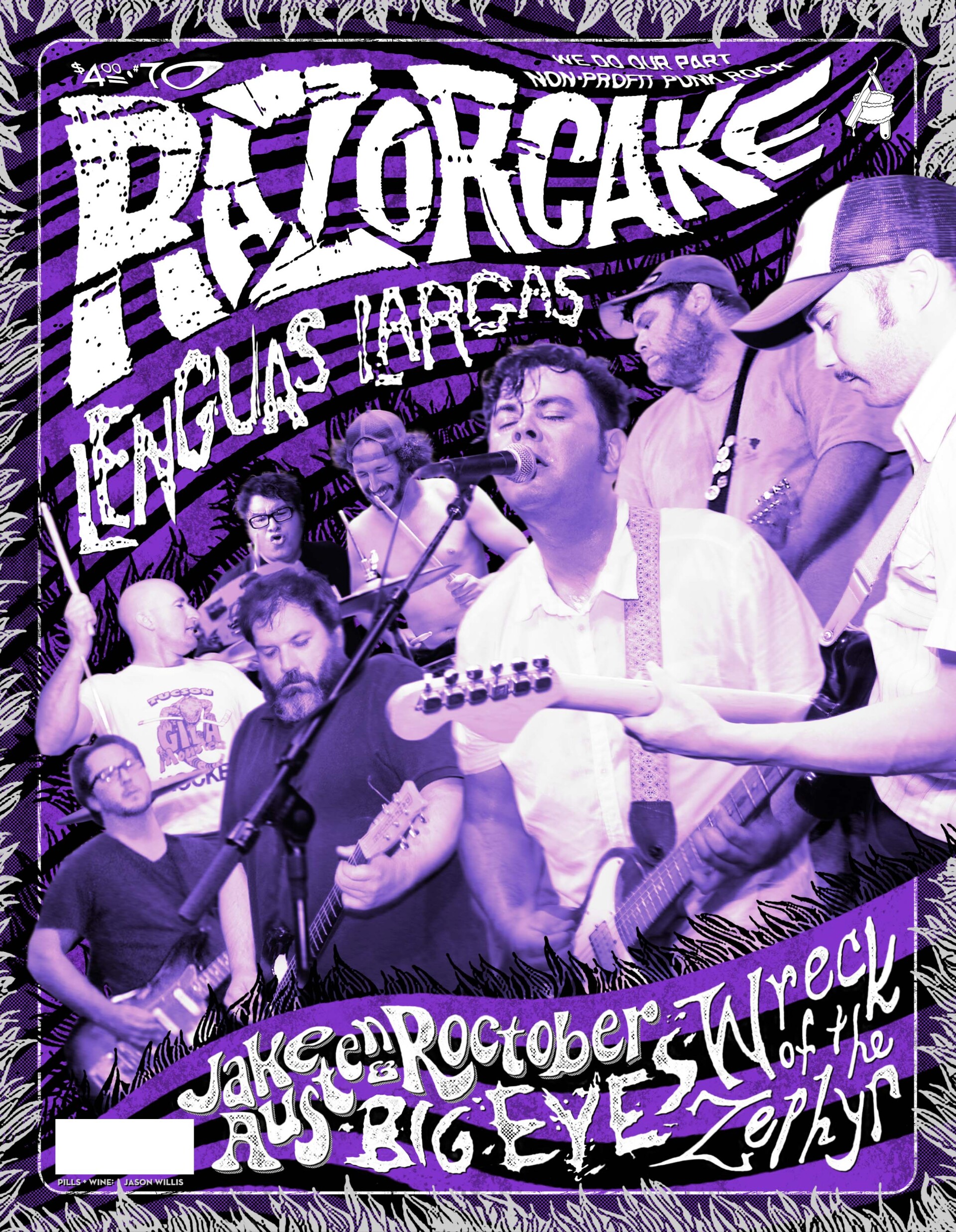 A purple and black punk inspired Razorcake zine cover. The primary image is a collage of cutout images of various men playing guitars, bass and drums. "Razorcake" is written across the top in a swirly font. Beneath "Razorcake" reads "Lenguas Largas."
