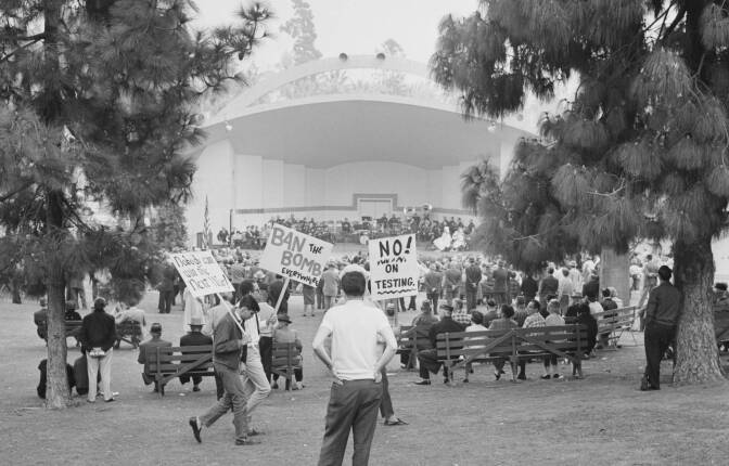 On Veterans Day 1961, the speech by former California Governor Goodwin Knight was interrupted by picketers protesting nuclear arms