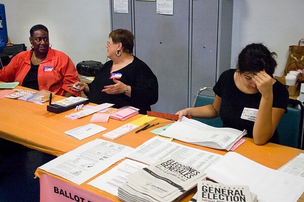 Pollworkers at a 2008 election in Los Angeles.