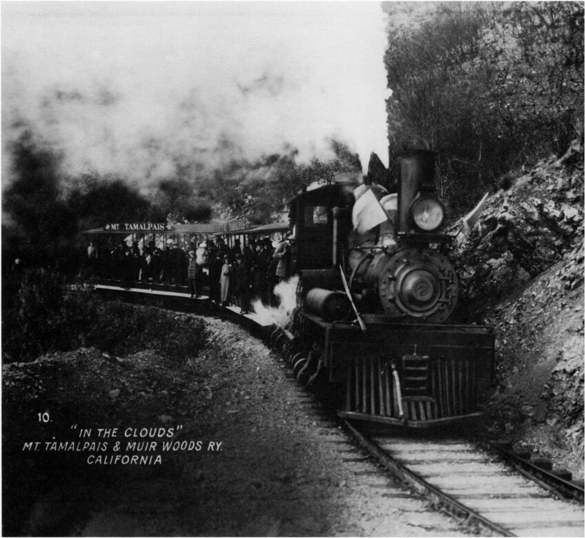 The winding track of the Mt. Tamalpais Railway thrilled Bay Area residents on a day's outing-and silent movie goers who enjoyed the viewpoint of the camera mounted on the lead car. California Historical Society, San Francisco