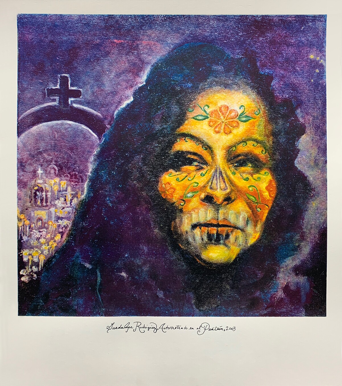 "Guadalupe Rodriguez, Autorretrato en el Panteón, 2003" by Sandy Rodriguez is the commemorative print for Self Help Graphics' Dia de los Muertos in 2020 | Courtesy of Self Help Graphics & Art