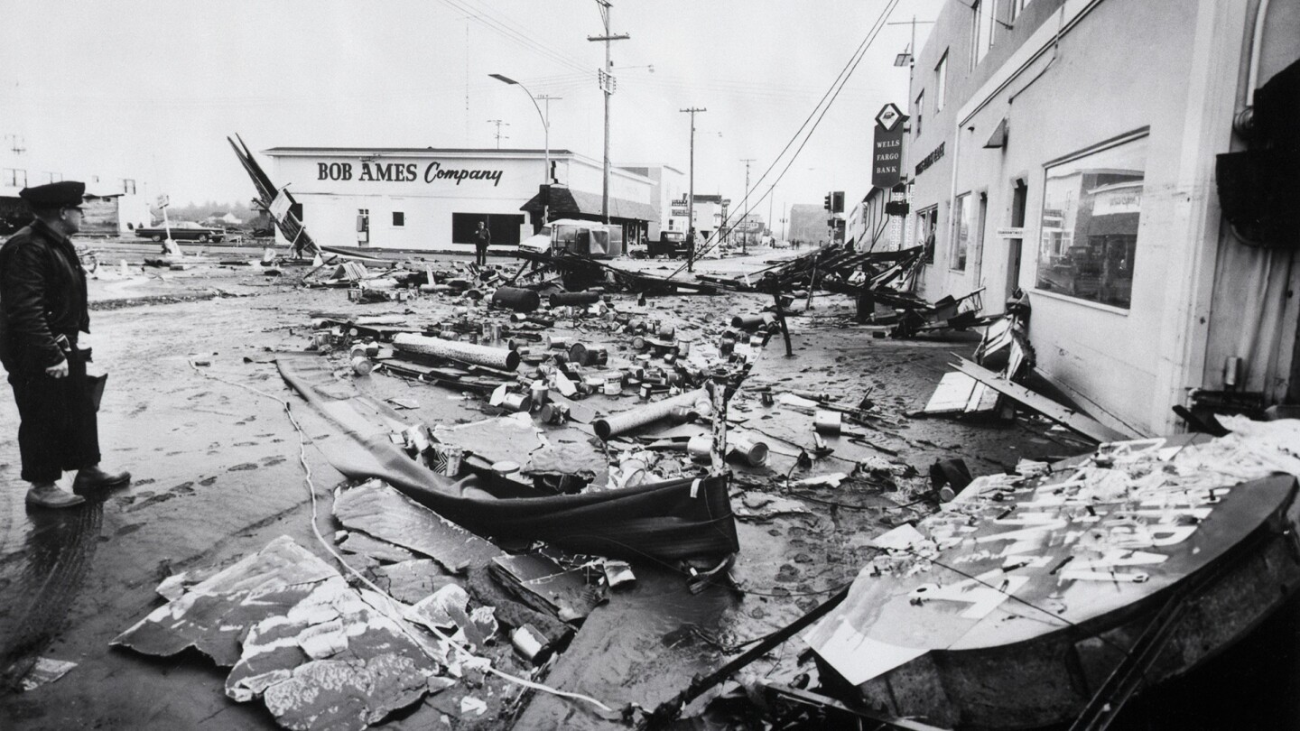 3/28/1964-Crescent City, CA- Unidentified man (l) stands amid debris-ridden city where martial law was declared after tremendous tidal waves from the Anchorage, Alaska earthquake destroyed 150 businesses and killed at least nine persons. Twelve-foot tidal