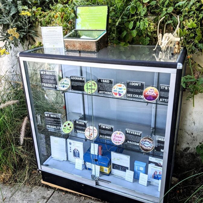 The Tiny museum in front of Naama Haviv's Highland Park home is a glass display case with rotating exhibitions | Courtesy of Tiny Museum