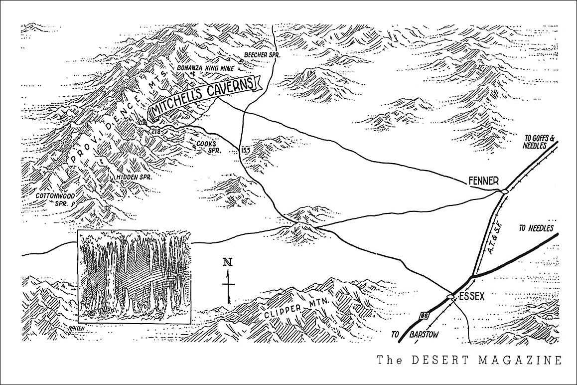 Above: A February 1942 Desert Magazine map showing Mitchell Caverns proximity to Fenner and Essex on historic Route 66—now part of the Mojave Trails National Monument.