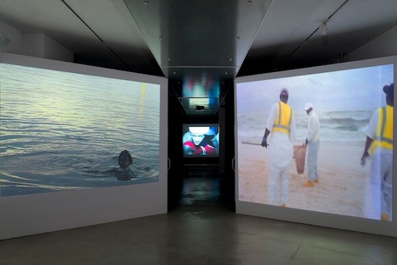 Installation view of exhibition "a/wake in the water: Meditations on Disaster," curated by Erin Christovale.