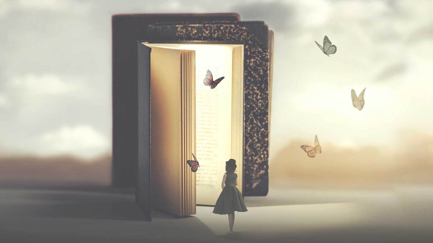 An encounter between a girl and butterflies flying out of a giant book.