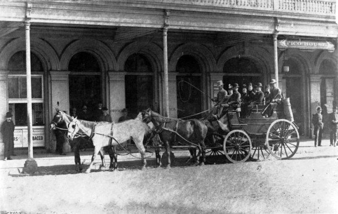 A horse-drawn stagecoach stands outside the Pico House, which in 1884 was the city's finest hotel. Courtesy of the USC Libraries - California Historical Society Collection.