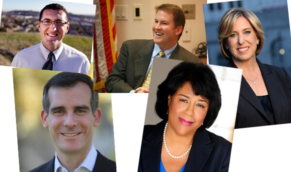 The five top tier candidates running for L.A. Mayor (from left:) Emanuel Pleitez, Eric Garcetti, Kevin James, Jan Perry, and Wendy Greuel.