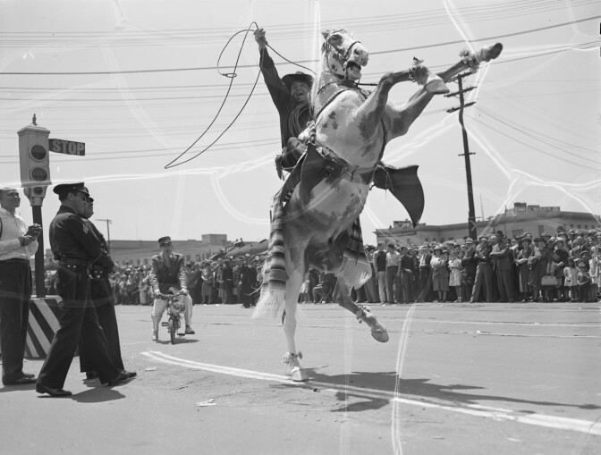 Hollywood star Leo Carrillo, scion of a prominent California family, walked the parade route during the opening of Union Station in Los Angeles.
