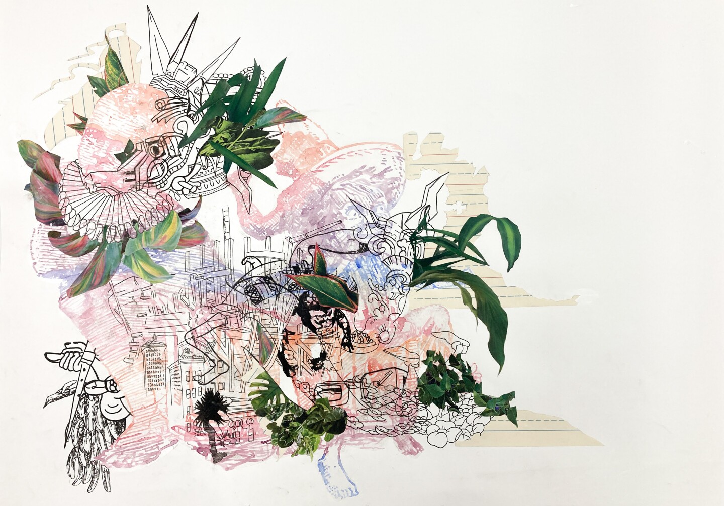 David Rios Ferreira's "We would all be together in a sudden strangeness" is watercolor, ink and collage on paper.