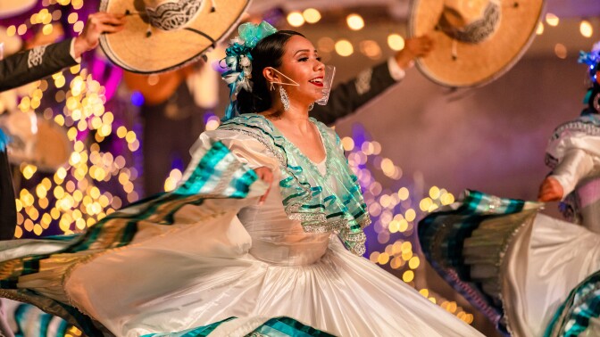 A dancer from Ballet Folklorico de Los Angeles in the middle of a performance. | From "The 61st Annual Los Angeles County Holiday Celebration" | Photo by Will Yang