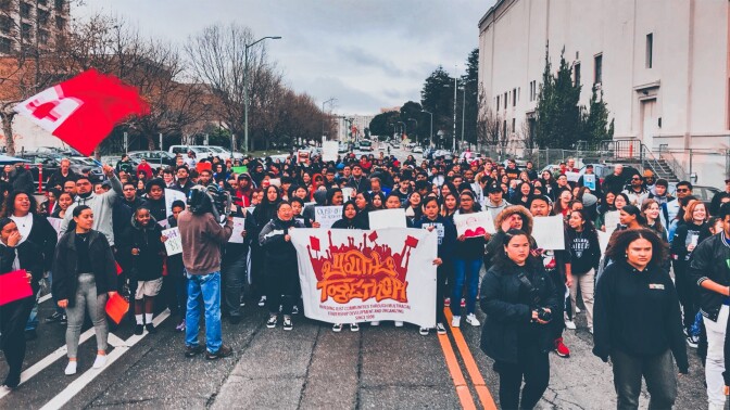 Over 400 high school students walked in unity to the OUSD school board meeting the morning of Monday, March 4th, 2019 following the contract agreement between the teachers union and school district. | Courtesy of Youth Together