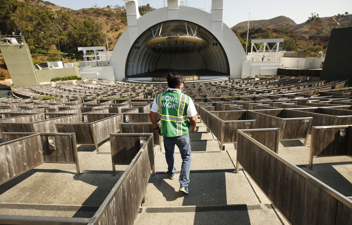 The Hollywood Bowl has been transformed into a drive-thru food distribution on Thursdays in a season when the concerts are canceled due to the COVID-19 pandemic.