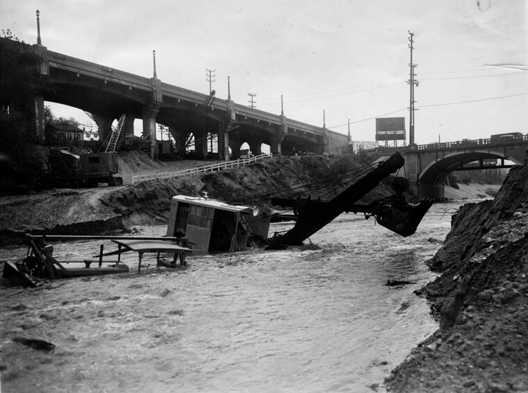 Damaged construction equipment in the Los Angeles River after the 1939 tropical storm