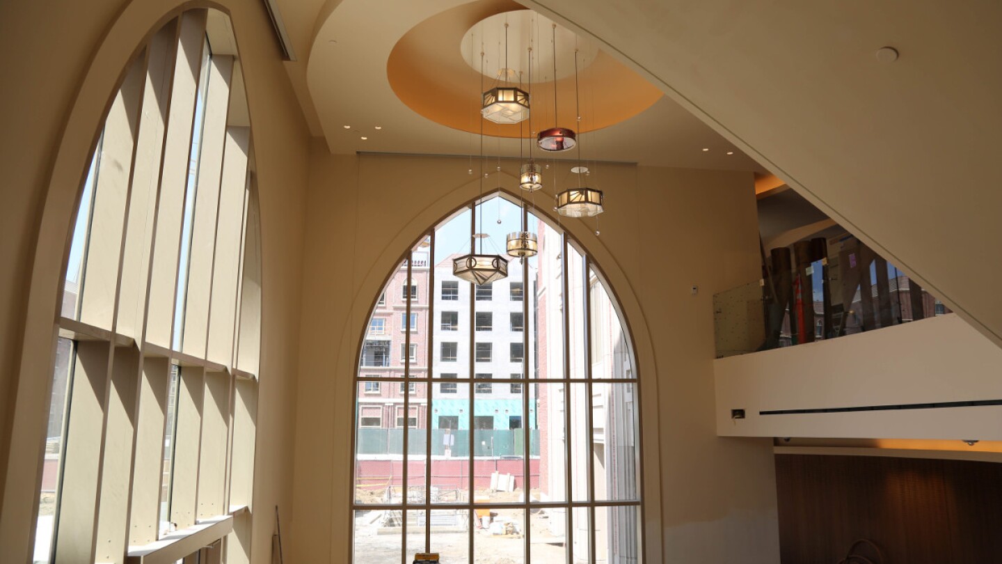 Glorya Kaufman's private collection of chandeliers are showcased at the entrance of the Glorya Kaufman International Dance Center. | Photo: Justina Gaddy
