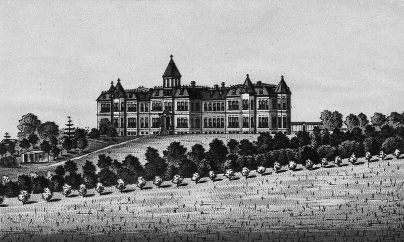 The Los Angeles Infirmary opened in 1885 on the site of Beaudry Park, which the Sisters of Charity purchased from Beaudry for $10,000. Courtesy of the Photo Collection - Los Angeles Public Library.