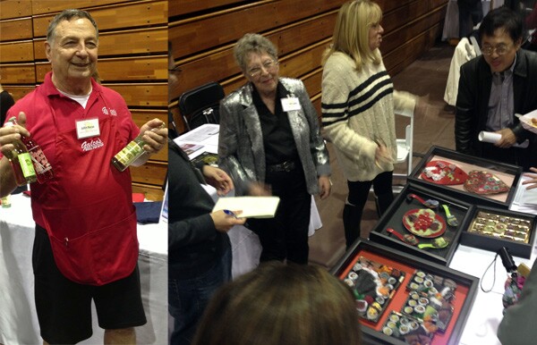 Galco's owner John Nese (left); ''Lint Lady'' Slater Barron with her art work (at left in right photo)