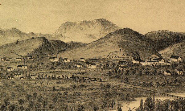 Mount Lookout appears as the prominent hill on the right in this 1877 lithograph of Los Angeles, drawn from Boyle Heights.