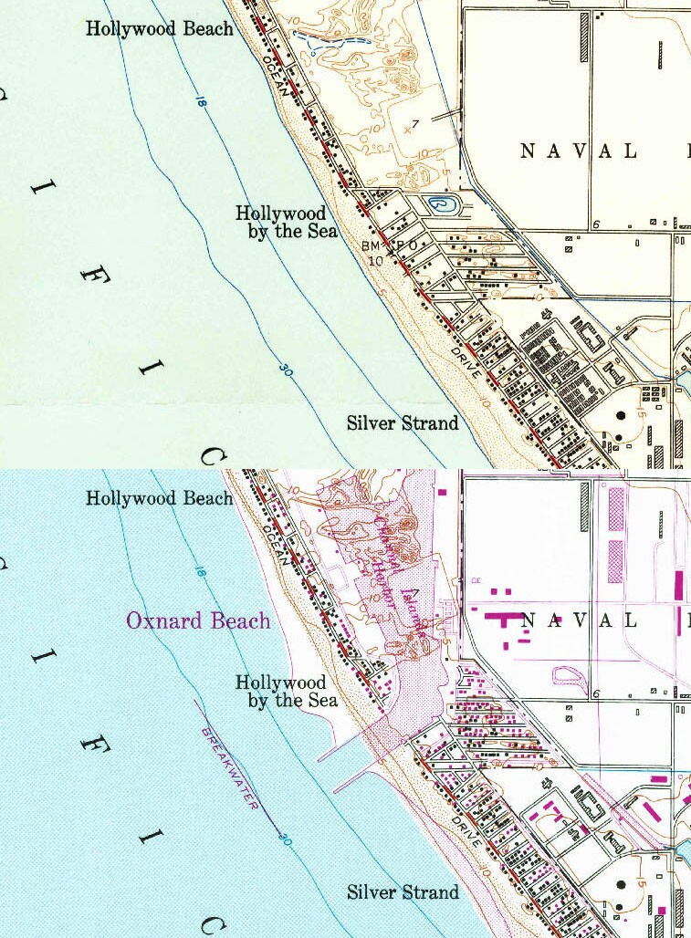 These two topographical maps, the top from 1949 and the bottom from 1971, show how construction of Channel Islands Harbor split Hollywood-by-the-Sea in two. Courtesy of the USGS.