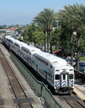 A Metrolink train departs Fullerton in Orange County