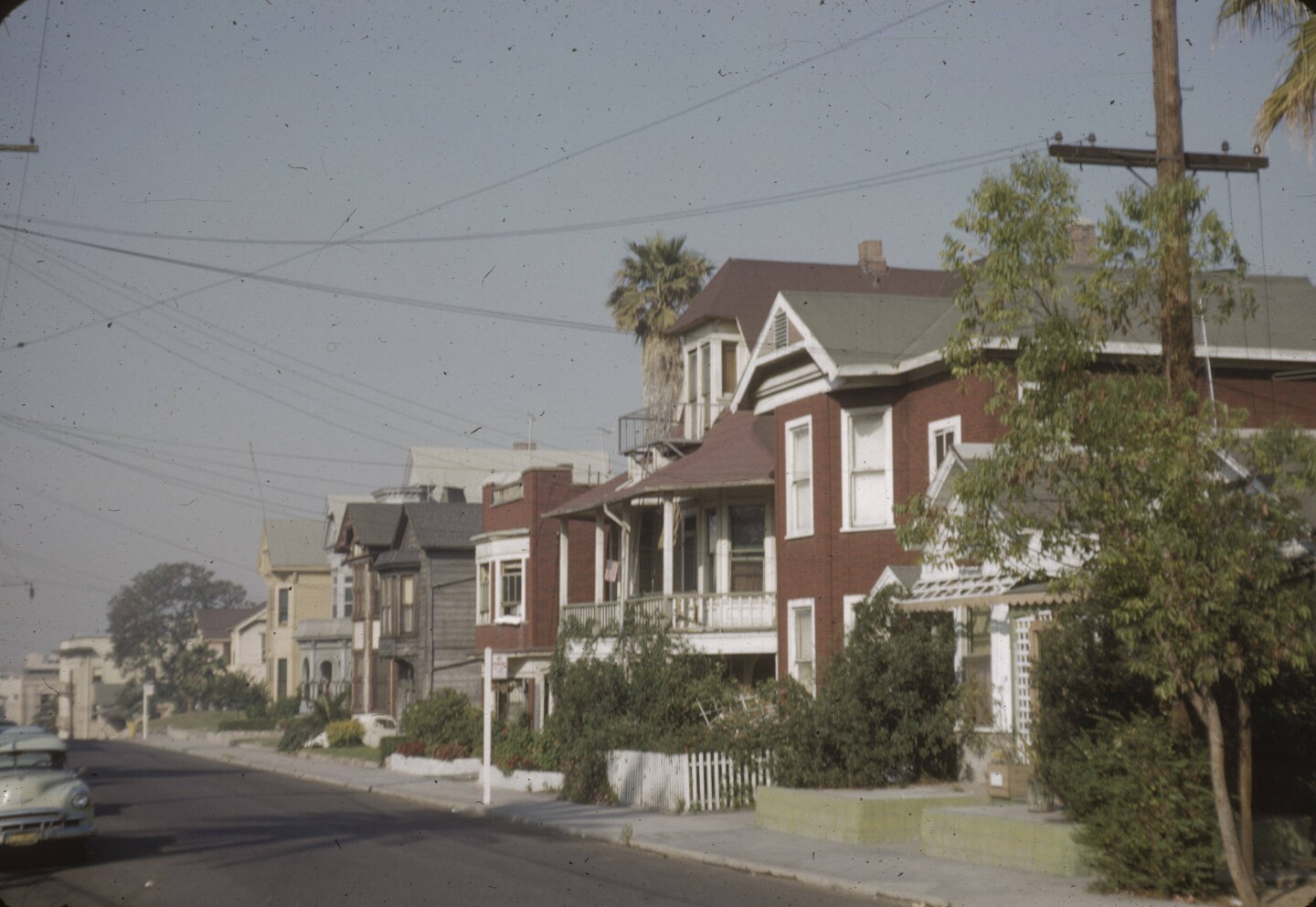 A view of red and grey homes along Bunker Hill Avenue and Third Street in 1954.