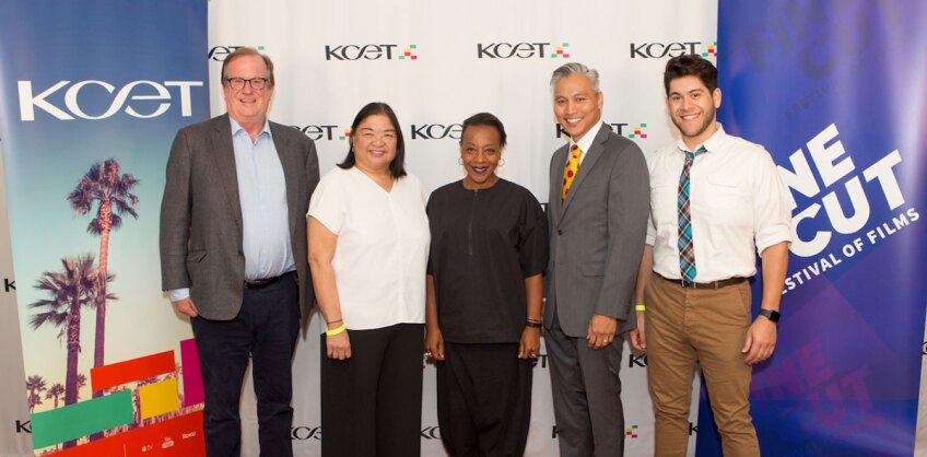 (L-R) Deadline.com Chief Film Critic Pete Hammond, IDA’s Director of Programming & Policy Claire Aguilar, actress Marianne Jean-Baptiste, animator/writer producer Van Partible and story artist Michael Herrera arrive at the Fine Cut Festival of Films.