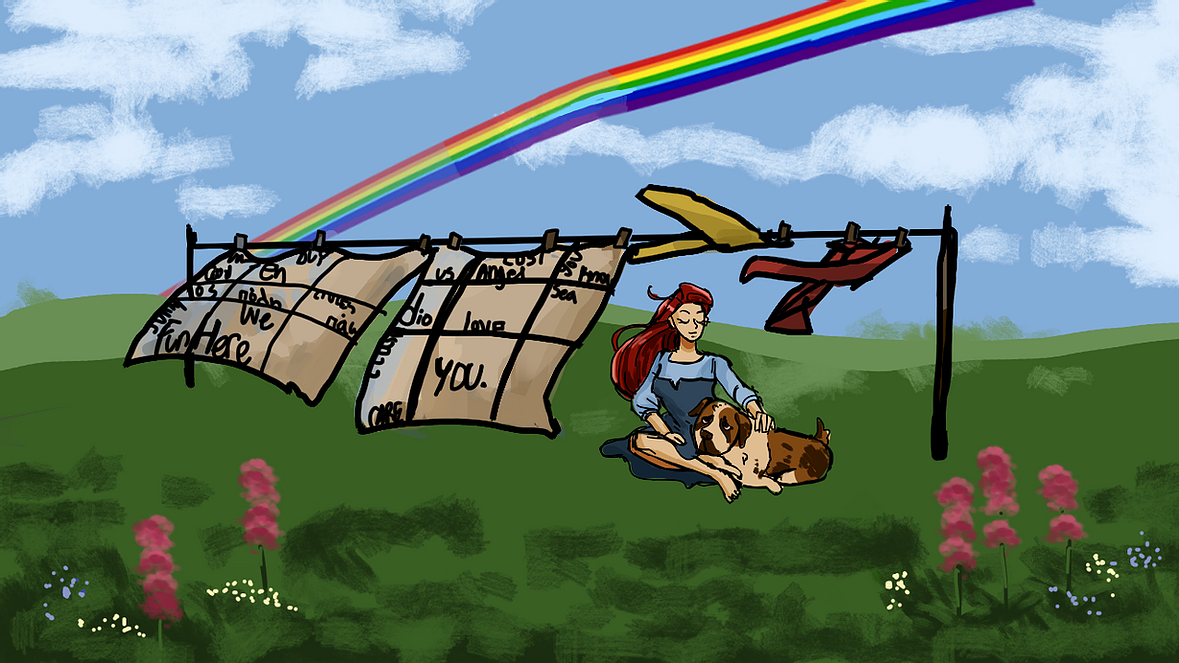 A digital painting of a young woman under a rainbow