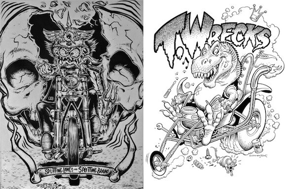 L: Von Franco, "Splitting Lanes and Splitting Brains," 2012, Brush and ink, Courtesy of Lance Kinder R: William Stout, "T.Wrecks," 2014, Ink on board, Courtesy of the artist