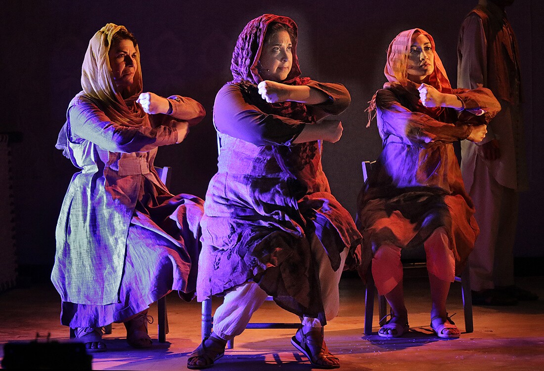 Left to Right: Phyllis Pancella (Mother), Kamala Sankaram (Mukhtar Mai) and Leela Subramaniam (Annu) in the LA Opera Off Grand 2017 production of "Thumbprint." I Larry Ho